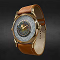 Luxury Gold Case Watch With Brown Leather Strap And Intricate Dial Design
