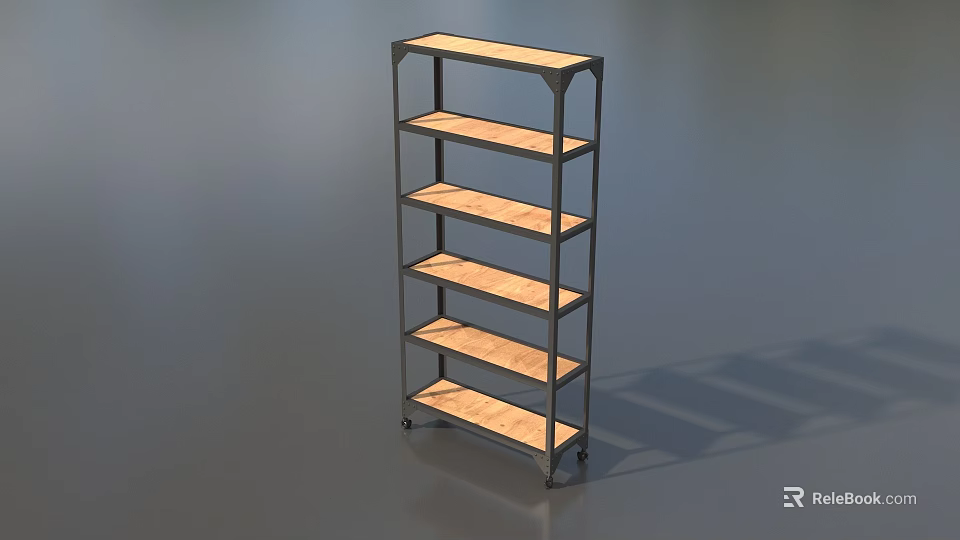 Contemporary Display Shelf With Black Metal Frame And Multiple Wooden Shelves 3d model 