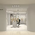 Modern Clothing Store Interior With White Mannequins Chandelier and Green Plant