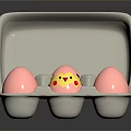 Cute Chick Pattern Decorated Pink Eggs In Open Egg Carton 3d model