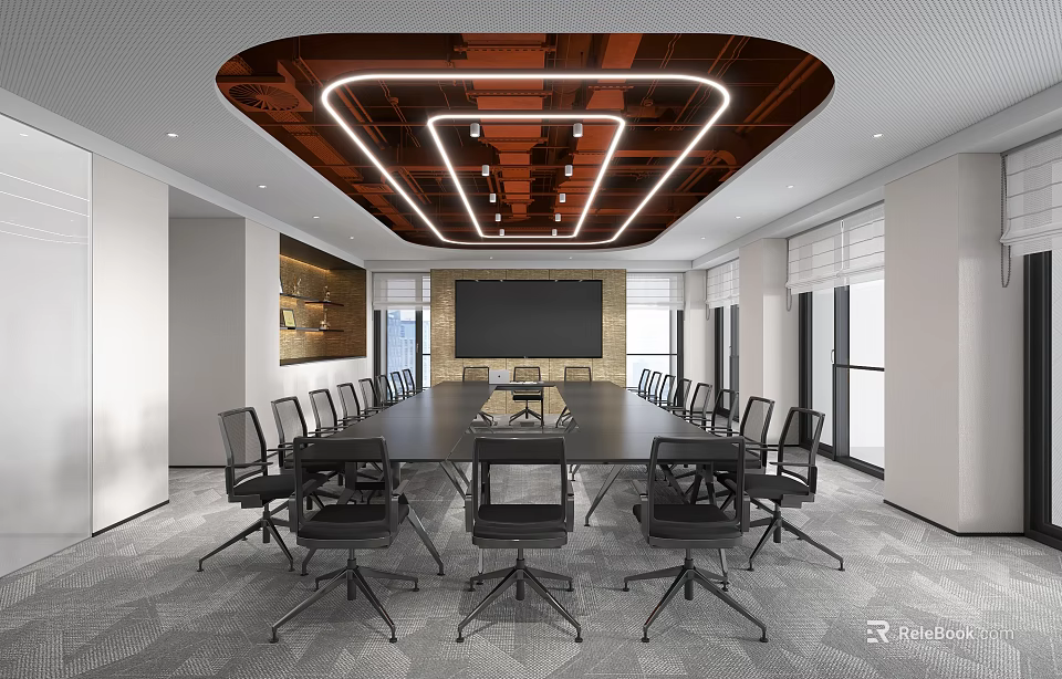 Modern Conference Room Design With Long Table Black Chairs Large Screen And Ceiling LED Strips 3d model 