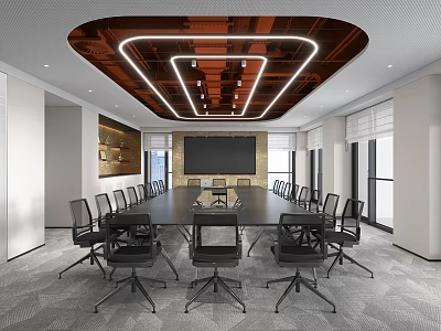Modern Conference Room Design With Long Table Black Chairs Large Screen And Ceiling LED Strips 3d model