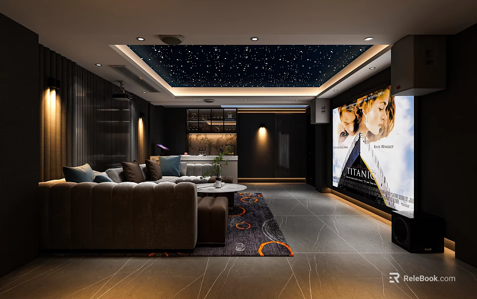 Modern Home Theater With Starry Ceiling Comfortable Sofa And Large Screen 3d model