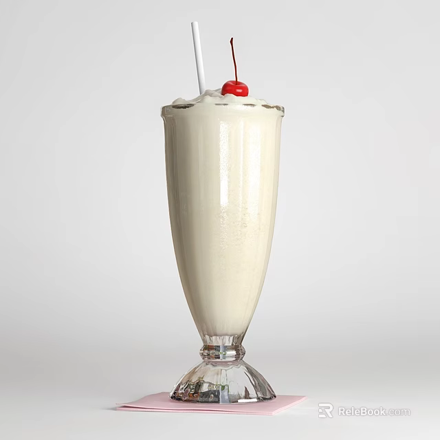 Creamy White Milkshake in Tall Glass with Whipped Cream Cherry and Straw 3d model 