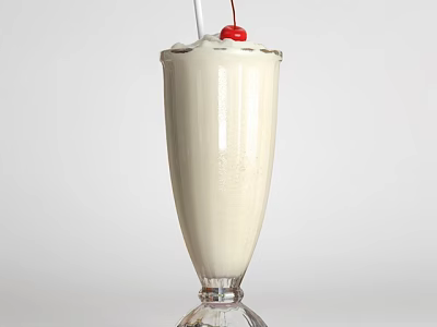 Creamy White Milkshake in Tall Glass with Whipped Cream Cherry and Straw 3d model