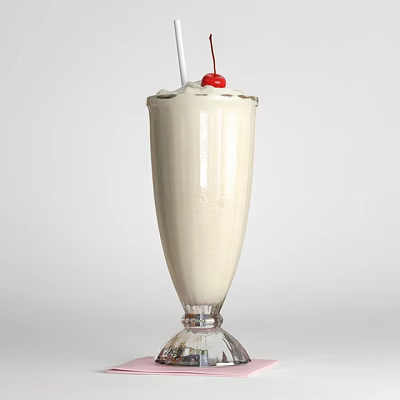 Creamy White Milkshake in Tall Glass with Whipped Cream Cherry and Straw 3d model