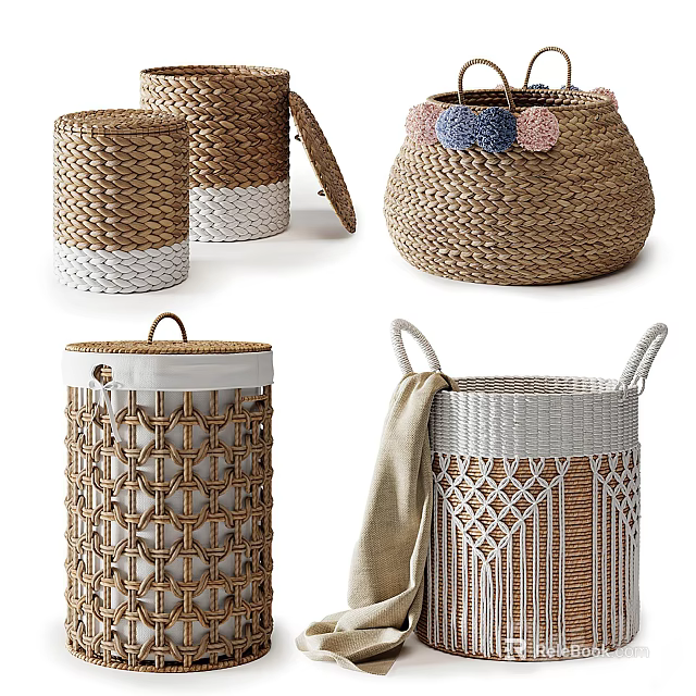 Decorative Handwoven Storage Baskets with Lids Handles for Home Organization 3d model 