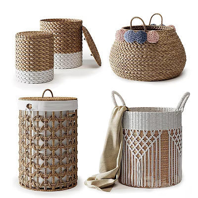 Decorative Handwoven Storage Baskets with Lids Handles for Home Organization 3d model