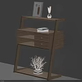 Wooden Walnut Storage Shelf Cabinet with Open Shelves Drawer Picture Frame Vase and Decorative Plant