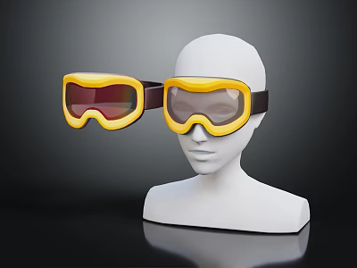 Yellow Goggles With Tinted Lenses On White Mannequin Head Dark Reflective Surface 3d model