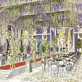 Luxurious Banquet Hall Interior With White Seats Table Settings Fresh Flowers And Chandeliers