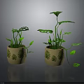 Green Leafy Plants in Decorative Pots with Leaf Patterns for Interior Decor