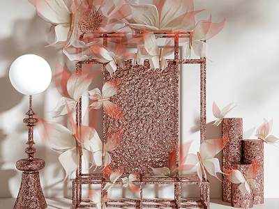 Art Installation With Pink And White Leaves Rose Gold Frame Textured Panel And Cylindrical Decor 3d model