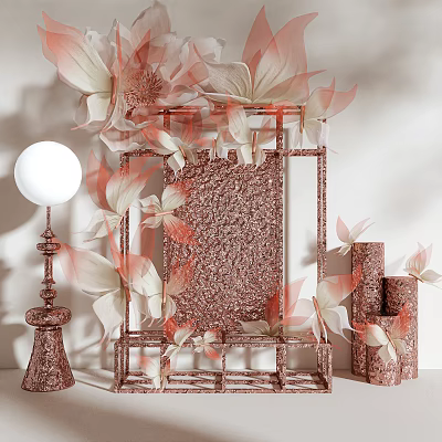 Art Installation With Pink And White Leaves Rose Gold Frame Textured Panel And Cylindrical Decor 3d model