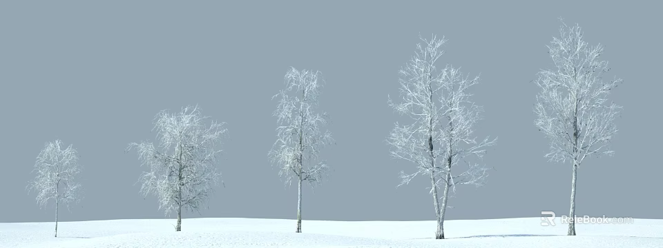 Three Snow Covered Trees Standing In Snowy Landscape Under Gray Sky 3d model