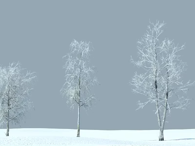Three Snow Covered Trees Standing In Snowy Landscape Under Gray Sky 3d model