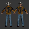 Man Wearing White Hat Brown Fringe Jacket Black T-shirt And Blue Jeans Front Back View