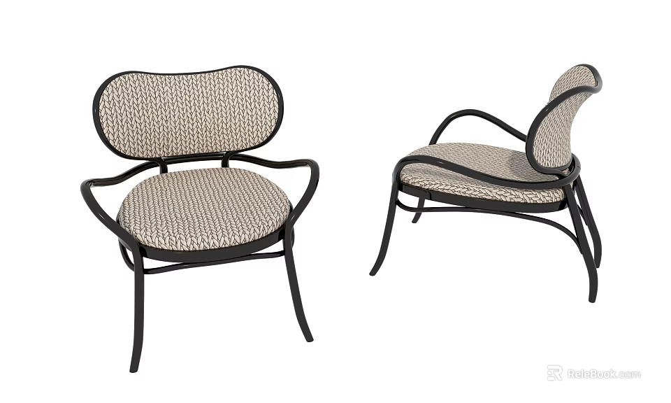 Modern Leisure Chair With Black Metal Frame Curved Armrests And Beige Woven Seat 3d model 