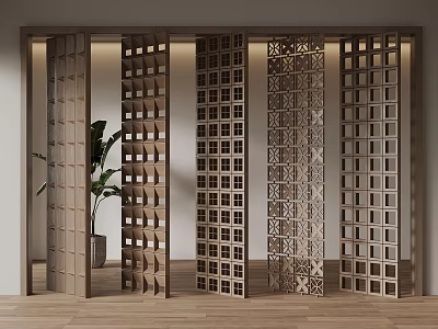 Wooden Room Dividers With Geometric Patterns And Hollow Out Designs In Modern Interior 3d model
