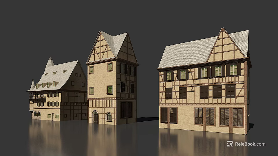 Traditional European Style Architecture With Half Timbered Facades Gabled Roofs And Stone Walls 3d model 