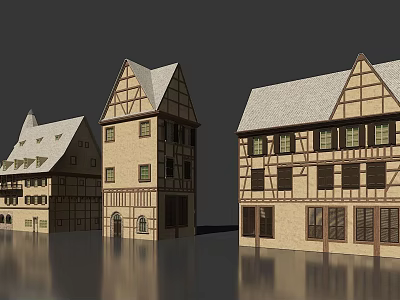 Traditional European Style Architecture With Half Timbered Facades Gabled Roofs And Stone Walls 3d model