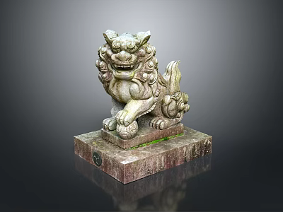 Traditional Stone Lion Statue With Detailed Carving And Marble Base 3d model