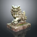 Traditional Stone Lion Statue With Detailed Carving And Marble Base