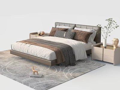 Modern Double Bed with Bedside Tables Decorative Pillows Blanket and Area Rug 3d model