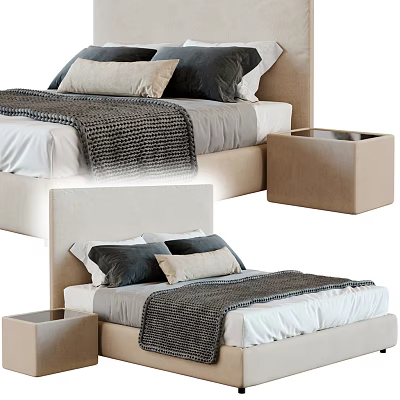 Modern Double Bed Design With Gray Beige Pillows Knitted Throw And Nightstand 3d model
