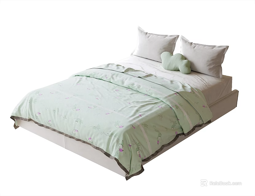 Cozy Kids Bed With Light Green Quilt Soft Pillows And Stuffed Bear 3d model 