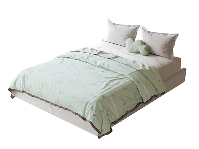 Cozy Kids Bed With Light Green Quilt Soft Pillows And Stuffed Bear 3d model