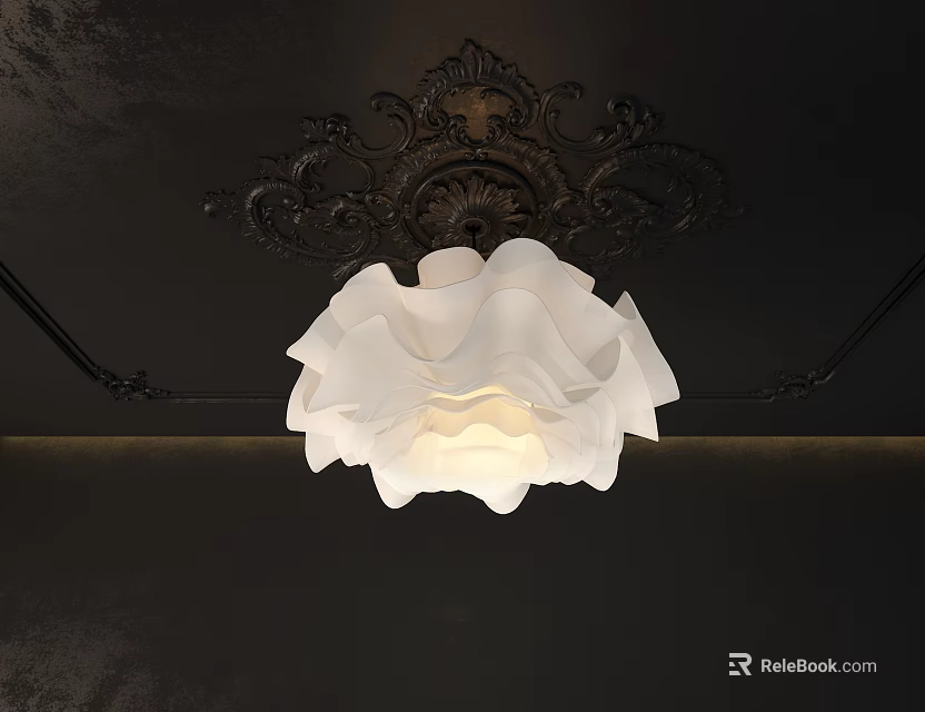 White Ruffled Glass Chandelier Hanging From Dark Ornate Ceiling With Soft Lighting 3d model 