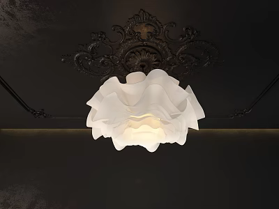 White Ruffled Glass Chandelier Hanging From Dark Ornate Ceiling With Soft Lighting 3d model