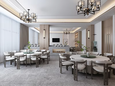 Modern Chinese Private Dining Room Interior With Round Tables Chandeliers TV And Green Plants 3d model