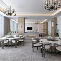 Modern Chinese Private Dining Room Interior With Round Tables Chandeliers TV And Green Plants