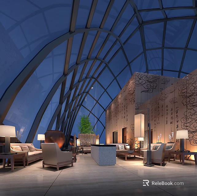 Elegant Clubhouse Interior Featuring Glass Dome Wooden Patterned Wall Green Plants And Comfortable Seating 3d model 