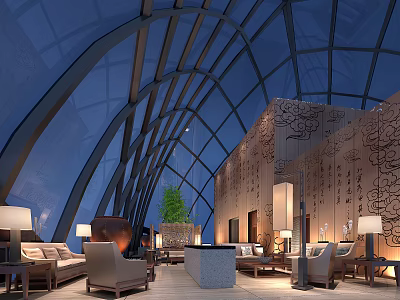 Elegant Clubhouse Interior Featuring Glass Dome Wooden Patterned Wall Green Plants And Comfortable Seating 3d model