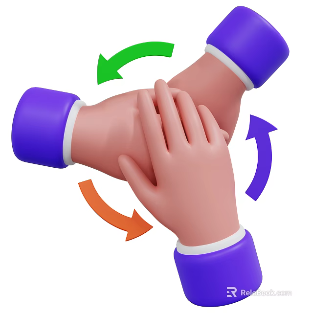 Interlaced Human Hands In 3D Illustration With Green Purple Orange Arrows 3d model 