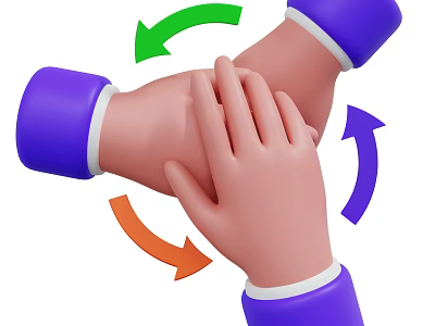 Interlaced Human Hands In 3D Illustration With Green Purple Orange Arrows 3d model