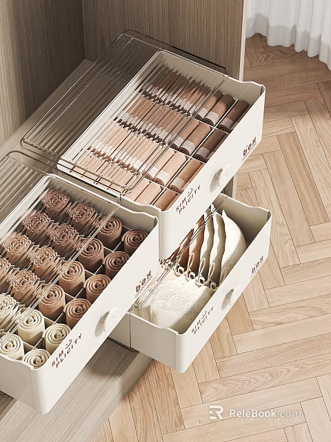 Organized Wardrobe Storage With Drawer Organizers Rolled Clothes And Folded Linens 3d model 