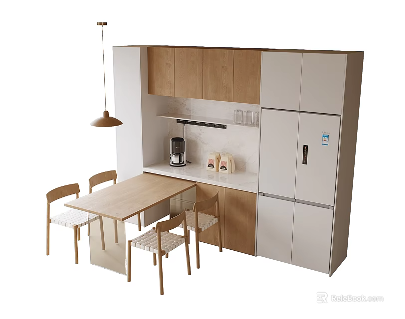 Modern Kitchen Setup With Wooden Dining Table Chairs Cabinets And Refrigerator 3d model 