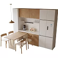 Modern Kitchen Setup With Wooden Dining Table Chairs Cabinets And Refrigerator