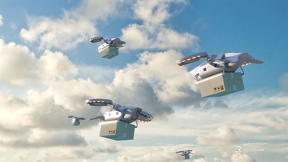 Smart Autonomous Drones Flying In The Sky Carrying Multiple Packages Efficiently 3d model 