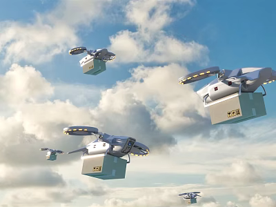 Smart Autonomous Drones Flying In The Sky Carrying Multiple Packages Efficiently 3d model Smart Autonomous Drones Flying In The Sky Carrying Multiple Packages Efficiently 3d model