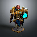 Man In Ornate Golden Armor Holding Blue Glowing Object With Cloak Standing Pose