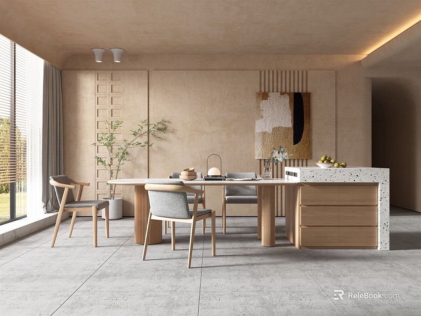 Modern Restaurant Interior With Wooden Dining Table Chairs Marble Counter Large Windows And Green Plants 3d model 