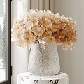 Soft Pink Hydrangea Flowers in Silver Vase on Round Table by Window with Snowy View