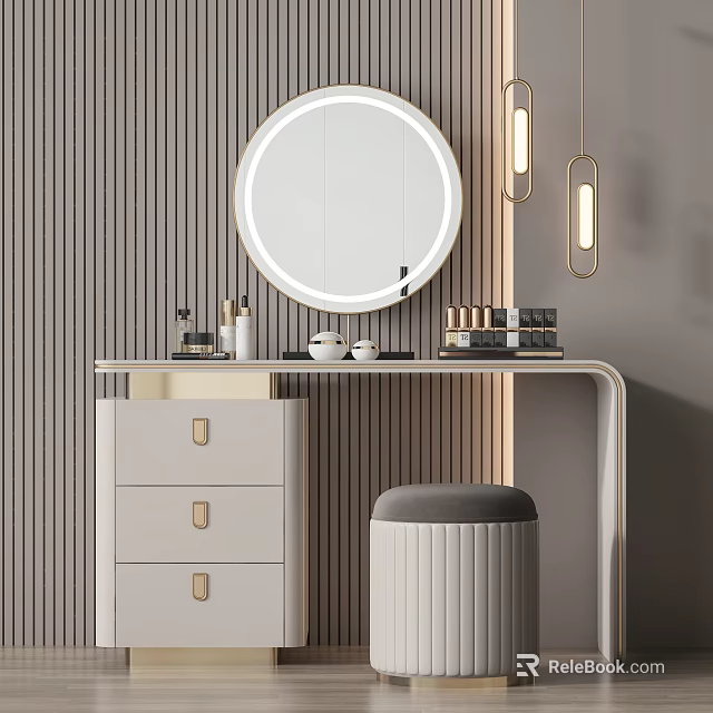 Modern Dressing Table With Round Mirror Drawers Stool And Hanging Lights On Wooden Panel Wall 3d model 