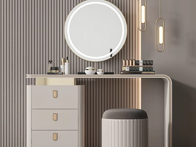 Modern Dressing Table With Round Mirror Drawers Stool And Hanging Lights On Wooden Panel Wall 3d model