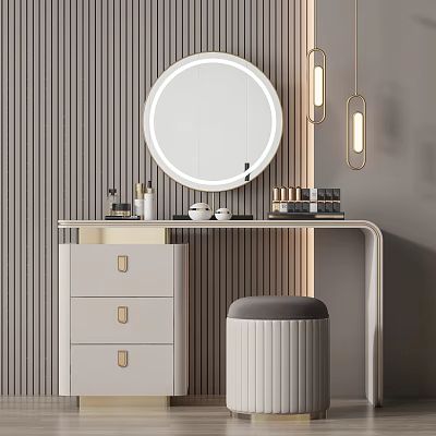 Modern Dressing Table With Round Mirror Drawers Stool And Hanging Lights On Wooden Panel Wall 3d model
